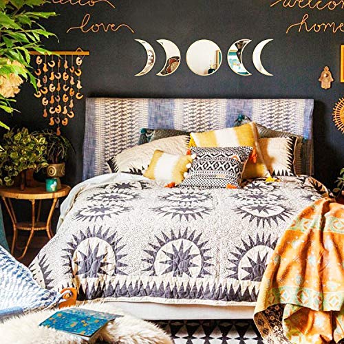 MAXROCK Moon Phase Mirror Set, 5 Piece Scandinavian Natural Decor Wall Decorative Acrylic Mirror Bohemian Moon Mirror for Living Room Bedroom, Ho