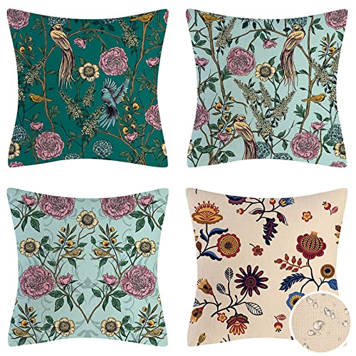 NC Pack of 4 Waterproof Cushion Covers, Birds and Flowers Cushion Cover, 45 x 45 cm, Outdoor Cushion Weatherproof for Sofa Cushions, Outdoors, Ba
