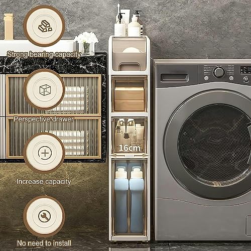 Narrow Bathroom Floor Cabinet, Slim Toilet Paper Storage Cabinet with Clear Drawers and Casters Plastic Storage Tower Organizer Unit for Washroom