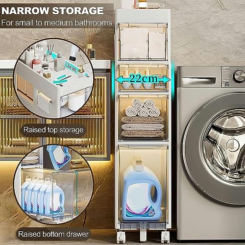 9''W Small Bathroom Storage Cabinet, 4 Tier Narrow Bathroom Floor Cabinet Large Capacity with Plastic Drawers and Casters Slim Toilet Paper Stora