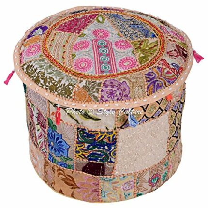 Stylo Culture 22" Living Room Pouffe Footstool Pouf Cover Indian Ethnic Cotton Patchwork Embroidered Ottoman Stool Pouf Cover Beige Floral Ottoma