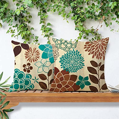 KUNQIAN Cushion Covers Waterproof Blue Brown Flower Double-Sided Pattern Throw Pillow Cover Set of 4 18x18 inch Home Decorative for Patio Furnitu