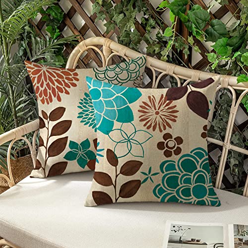 KUNQIAN Cushion Covers Waterproof Blue Brown Flower Double-Sided Pattern Throw Pillow Cover Set of 4 18x18 inch Home Decorative for Patio Furnitu