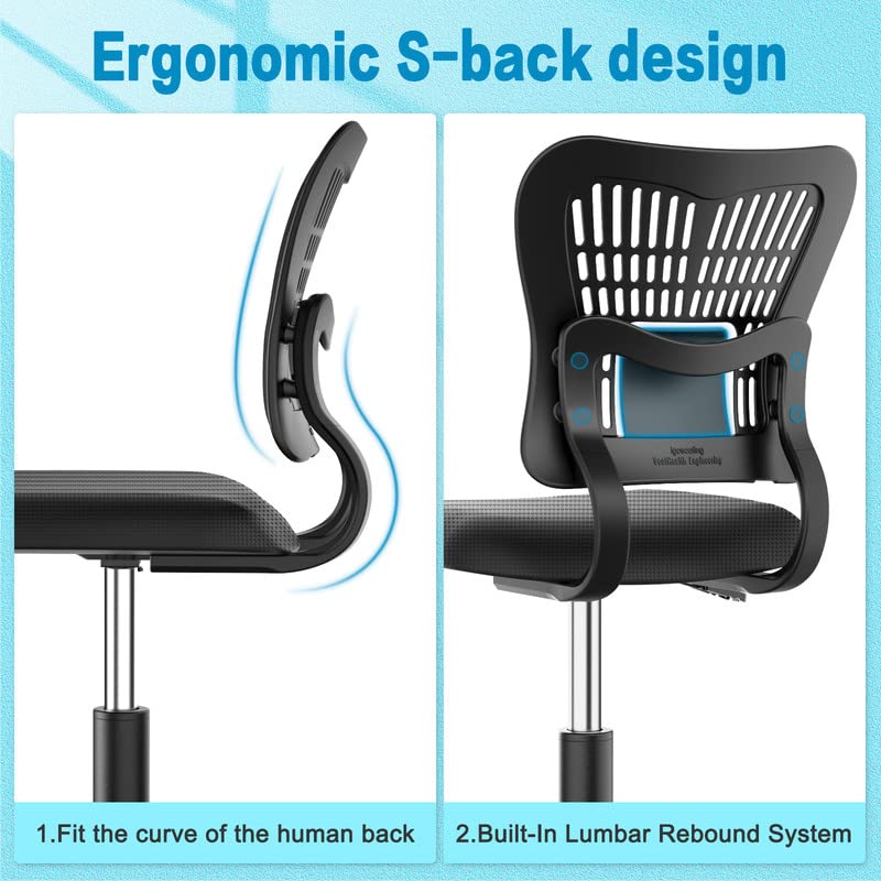 PALONE Adjustable Office Chair Ergonomic Desk Chair 360° Swivel Computer Gaming Armless Chair Mesh Task No Arms Chair with S-Back Support Comfy C
