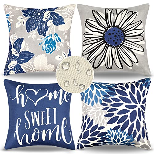 Cushion Covers 45 X 45 Square Pillow Covers Pack of 4 Waterproof Cushion Covers Blue Flower Outdoor Throw Pillow Covers Decorative Cushion Covers