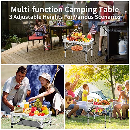 MYCOQU Small Folding Camping Table, 3 Heights Adjustable Portable Camp Tables, 2ft 23.6''L x 15.7''W Aluminum Lightweight Picnic Table with Mesh