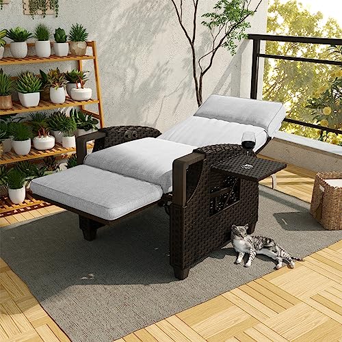 Grand patio Recliner PE Wicker, Adjustable Position Height Armchair with Flip Table and Cushion, Aluminum Frame, Lounge Chair for Indoor, Outdoor