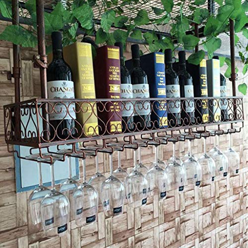 PIBM Hanging Wall Upside down Storage Rack Wine Wrought Iron Inverted High Cup Holder J1124, Bronze , 80*25cm