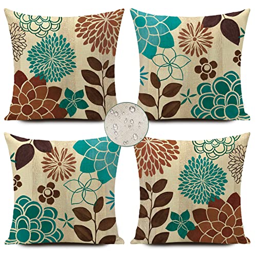 KUNQIAN Cushion Covers Waterproof Blue Brown Flower Double-Sided Pattern Throw Pillow Cover Set of 4 18x18 inch Home Decorative for Patio Furnitu