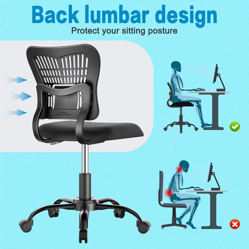 PALONE Adjustable Office Chair Ergonomic Desk Chair 360° Swivel Computer Gaming Armless Chair Mesh Task No Arms Chair with S-Back Support Comfy C