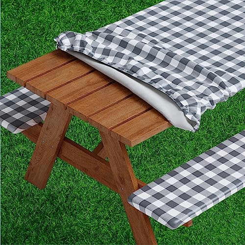 Sorfey Vinyl Picnic Table and Bench Fitted Tablecloth Cover, Checkered Design, Flannel Backed Lining, 30 x 60 Inch, 3-Piece Set, Gray
