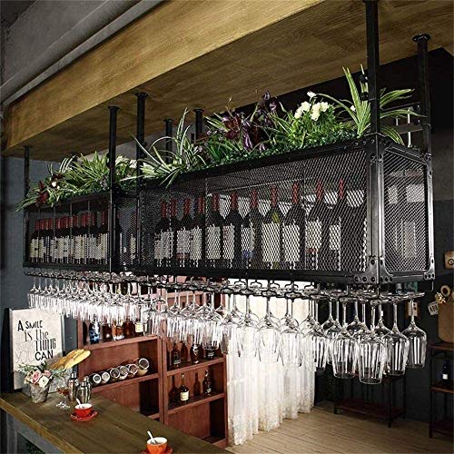 SUCHETA Hanging Wine Rack with Glass Holder and Shelf, Wine Lovers Bar Furniture& Wine Holder Vintage Style Ceiling Wine Racks/Metal Iron Adjusta