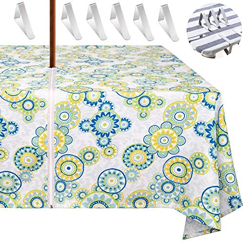 MKISHINE Tablecloth for patio table,bonus 6 clips fit patio table perfectly with opening for umbrella stand,robust, waterproof,machine washable w