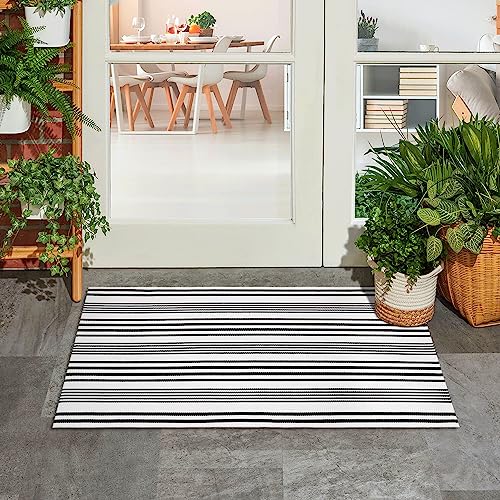Collive Fall Door Mat Black and White Striped 24"x51",Washable Front Porch Rug,Halloween Decorations Outdoor,Farmhouse Cotton Hand-Woven Layered