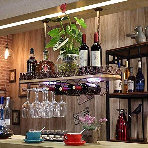 SUCHETA Hanging Wine Rack with Glass Holder and Shelf, Wine Holder Ceiling Hanging Mounted Solid Wood Wine Rack Wine Glass Metal Hanging Rack and