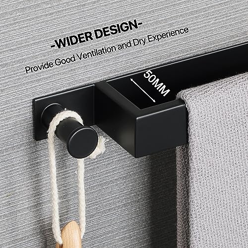 SAYAYO Towel Rail Wall Mounted Self Adhesive Towel Holder with a Hook 30CM/12-Inch Matte Black Towel Rack for Bathroom Kitchen SUS304 Stainless S