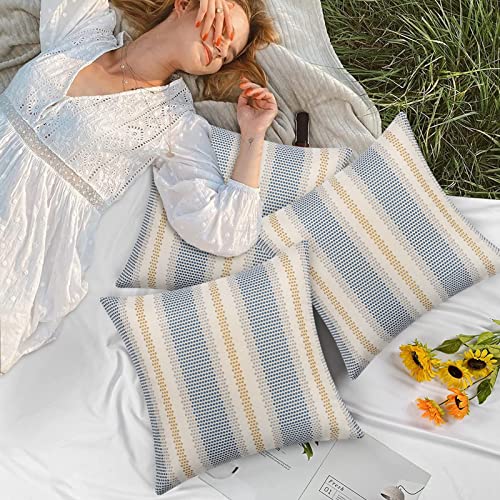 Dremisland Outdoor Waterproof Throw Cushion Covers Set of 2 Blue Yellow Stripe Pillowcases Decorative Farmhouse Water Resistant Pillow Covers for