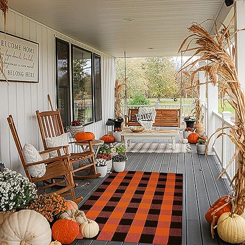 Orange and Black Plaid Rug, 35.4''x59'' Fall Outdoor Front Door Decorative Mat, Hand-Woven Rug for Layered Door Mats Washable Carpet for Porch, E