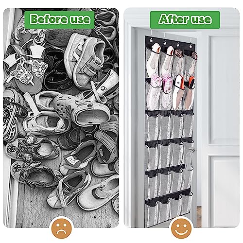 Omevett Over the Door Shoe Storage Organiser Hanging over Door Shoe Rack Holder with 24 Large Mesh Pockets Hanging Shoe Organizer for Kitchen, Be