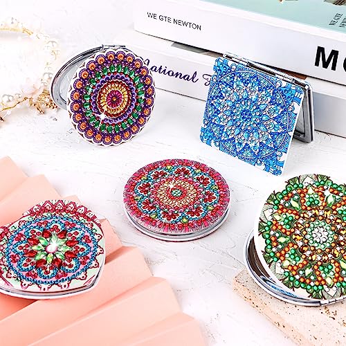 RUIYELE 5 Pieces Diamond Painting Mirror DIY Diamond Art Makeup Mirror with Mandala Portable Pocket Mirror Crystal Painting Ornaments Kit for Wom