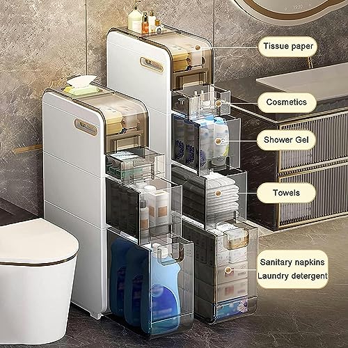 OPSREY Bathroom Floor Cabinet - Multifunctional White Narrow Toilet Organizer Floor Side Cabinet - Small Bathroom Storage, Thin Toilet Vanity Cab