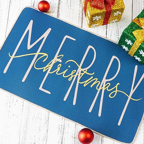 ONWAY Merry Christmas Doormat, Blue Gold Winter Seasonal Door Mat Christmas Holiday Low-Profile Floor Rug Switch Mat for Indoor Outdoor 17.5 x 29