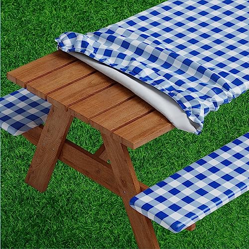 Sorfey Vinyl Picnic Table and Bench Fitted Tablecloth Cover, Checkered Design, Flannel Backed Lining, 30 x 60 Inch, 3-Piece Set, Gray