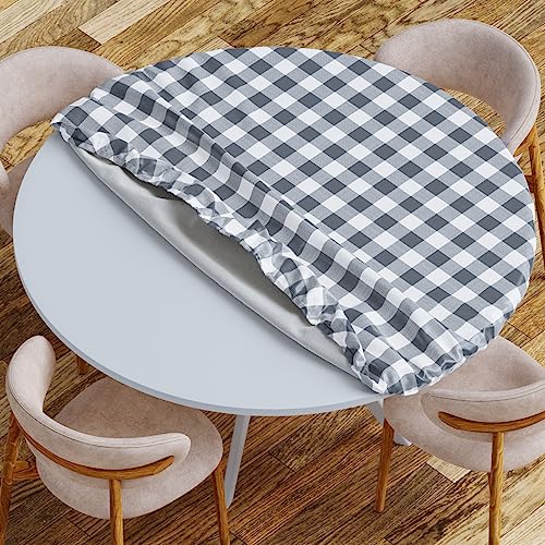 Sorfey Vinyl Picnic Table and Bench Fitted Tablecloth Cover, Checkered Design, Flannel Backed Lining, 30 x 60 Inch, 3-Piece Set, Gray