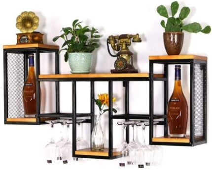Vintage Wall Mounted Wine Rack Organizer, Rustic Bottle Glass Holder Bar Kitchen Home Wall Shelving Wine Goblet Stemware Storage Display Shelf