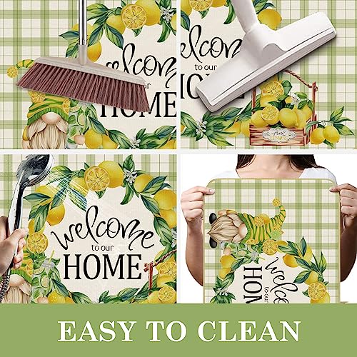 comfoyar Green and White Checkered Door Mat, Gnomes Lemon Welcome Home Floor Mats, Non Slip Rubber Backing Entrance Rug, Absorbent Washable Front