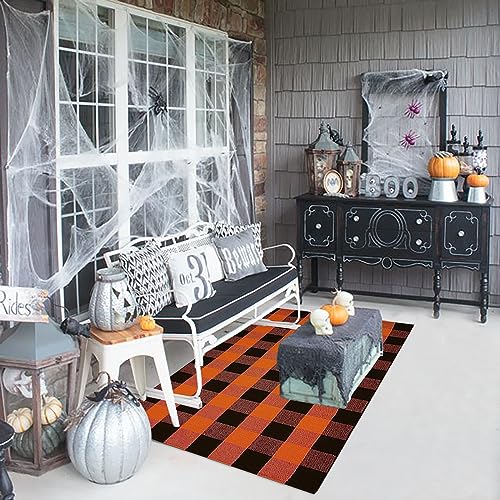 Orange and Black Plaid Rug, 35.4''x59'' Fall Outdoor Front Door Decorative Mat, Hand-Woven Rug for Layered Door Mats Washable Carpet for Porch, E