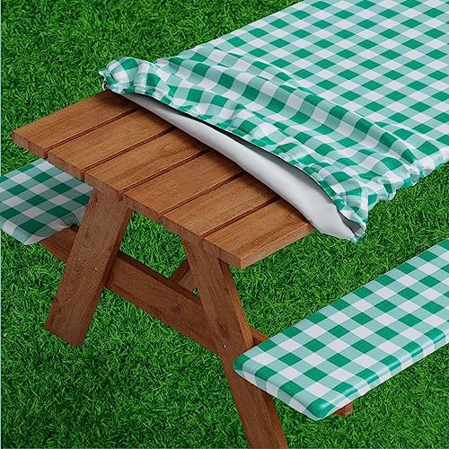 Sorfey Vinyl Picnic Table and Bench Fitted Tablecloth Cover, Checkered Design, Flannel Backed Lining, 30 x 60 Inch, 3-Piece Set, Gray