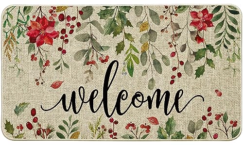 ORTIGIA Welcome Christmas Poinsettia Doormat Indoor Outdoor Patio Eucalyptus Leaves Door Mats Non-Slip Durable Entrance Mat for Home Entrance, Ou