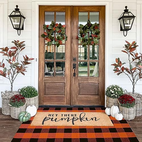 Orange and Black Plaid Rug, 35.4''x59'' Fall Outdoor Front Door Decorative Mat, Hand-Woven Rug for Layered Door Mats Washable Carpet for Porch, E