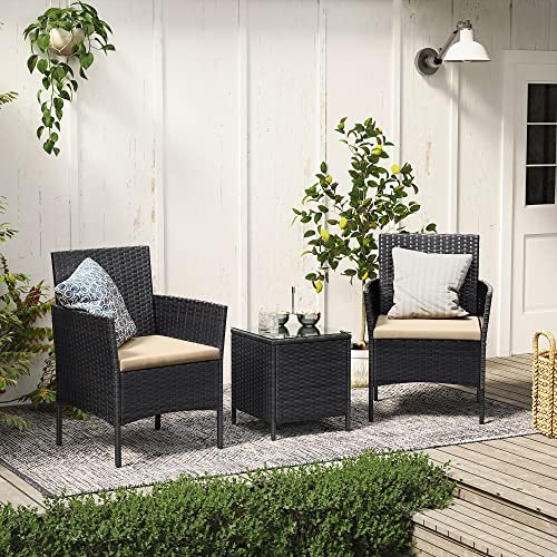 SONGMICS Garden Furniture Sets, Polyrattan Outdoor Patio Furniture, Conservatory PE Wicker Furniture, for Patio Balcony Backyard, Black and Taupe