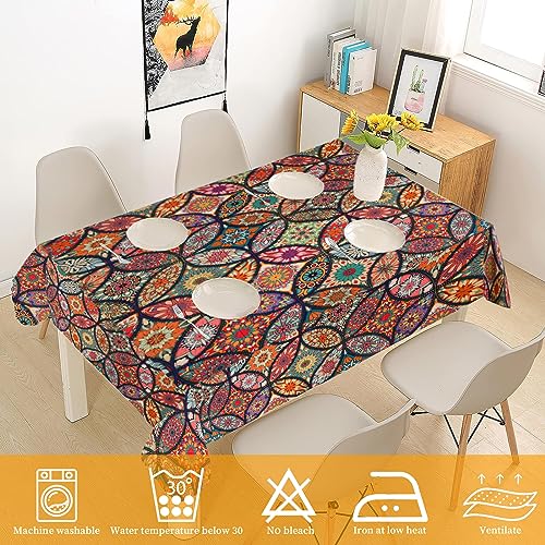 Rectangular Boho Garden Tablecloths, Bohemia Washable Waterproof Polyester Table Cloth, Resistant Wrinkle Free Mandala Waterproof Polyester Table