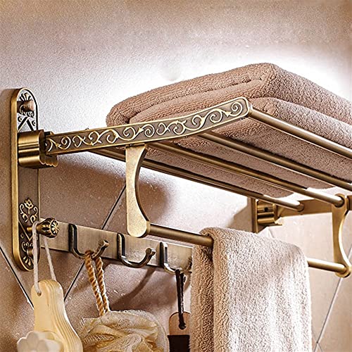 HIGOH Towel Racks,Bathroom Towel Rack Wall Mounted Towel Holder,Aluminum Foldable Antique Brass Bath Towel Rack,Active Bathroom Towel Holder,Doub