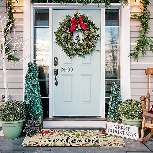 ORTIGIA Welcome Christmas Poinsettia Doormat Indoor Outdoor Patio Eucalyptus Leaves Door Mats Non-Slip Durable Entrance Mat for Home Entrance, Ou