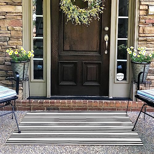 Collive Fall Door Mat Black and White Striped 24"x51",Washable Front Porch Rug,Halloween Decorations Outdoor,Farmhouse Cotton Hand-Woven Layered