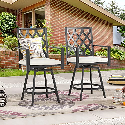 LOKATSE HOME Patio Outdoor Metal Bar Height Swivel Chairs Armrest Set of 2 for Garden Lawn Backyard, Beige