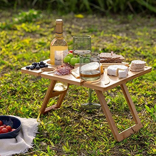 Navaris Portable Wine Picnic Table - Foldable Table with Bottle and Glass Holder - Small Bamboo Outdoor Beach Tray for Adults - Holds 4 Wine Glas