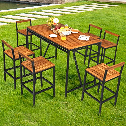 MIAOZI 7PCS Patio Rattan Bar Set Acacia Wood Frame Stools Table Umbrella Hole Outdoor Bar Set