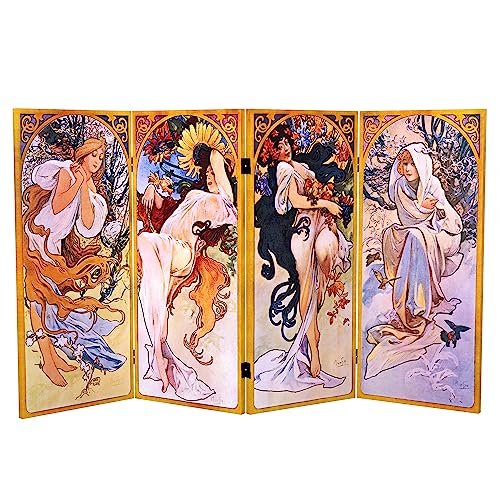 Red Lantern 3 ft. Short Double Sided Four Seasons Canvas Folding Screen 4 Panel Freestanding Partition and Separator for Modern and Contemporary