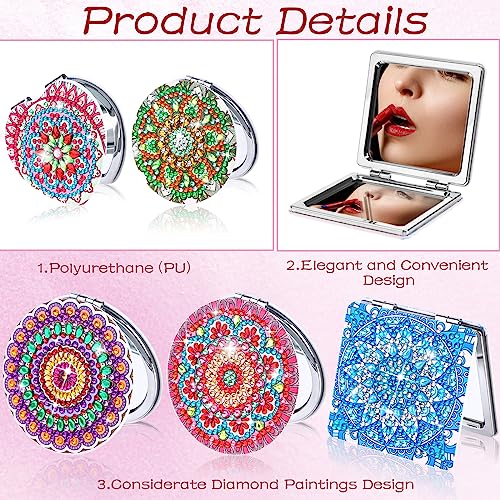 RUIYELE 5 Pieces Diamond Painting Mirror DIY Diamond Art Makeup Mirror with Mandala Portable Pocket Mirror Crystal Painting Ornaments Kit for Wom