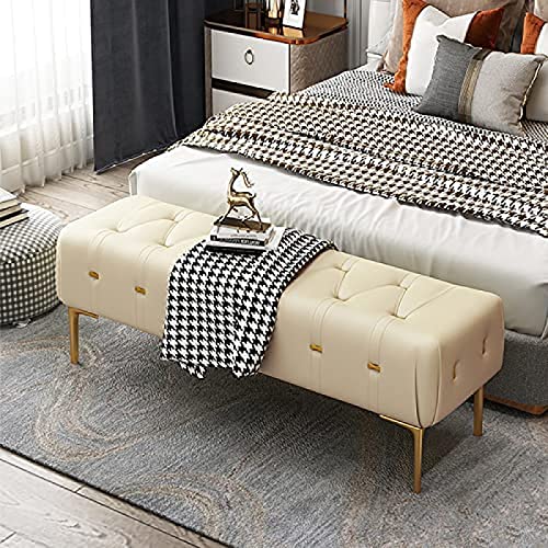 Luxury Bedside Bench, Leather Upholstered Bedroom Bench With Gold Legs, Entryway Bench, Modern Living Room Bench,White,100X40X43Cm(39X16X17Inch)