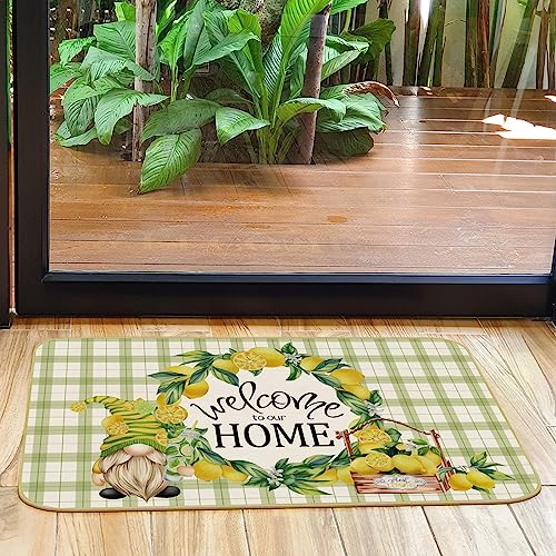 comfoyar Green and White Checkered Door Mat, Gnomes Lemon Welcome Home Floor Mats, Non Slip Rubber Backing Entrance Rug, Absorbent Washable Front