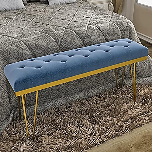 Luxurious Upholstered Bench Seat,Modern Velvet End Of Bed Bench With Golden Legs,Multifunction Entryway Bench Bedroom Bench,Light Blue,60X35X45Cm