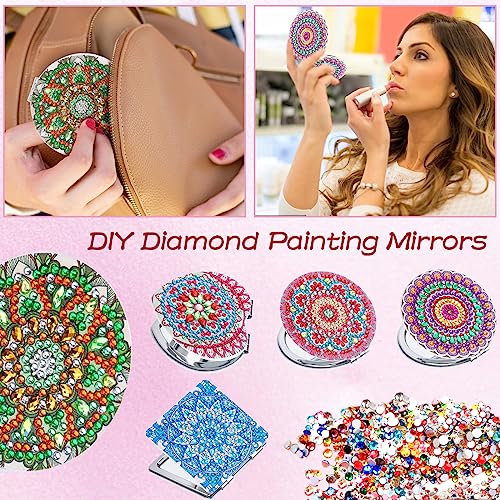 RUIYELE 5 Pieces Diamond Painting Mirror DIY Diamond Art Makeup Mirror with Mandala Portable Pocket Mirror Crystal Painting Ornaments Kit for Wom