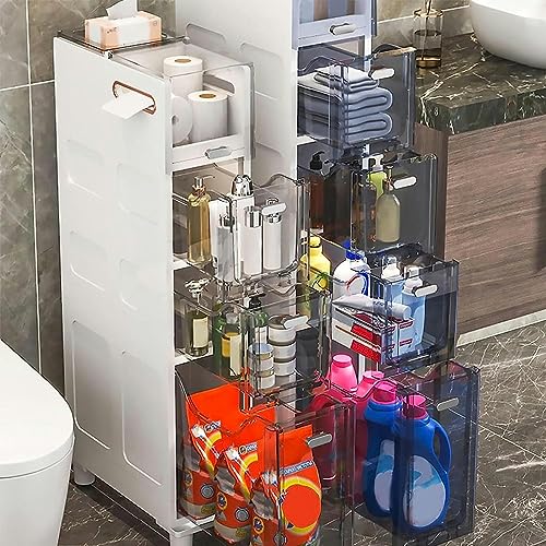 Narrow Bathroom Floor Cabinet, Slim Toilet Storage Cabinet Storage Tower with Clear Drawers and Casters, Sturdy Narrow Dresser Tower for Bathroom