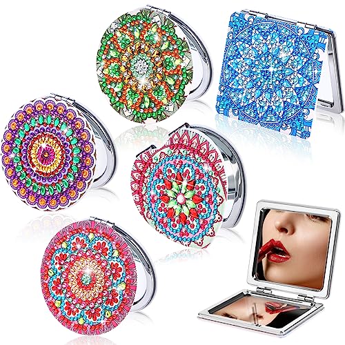RUIYELE 5 Pieces Diamond Painting Mirror DIY Diamond Art Makeup Mirror with Mandala Portable Pocket Mirror Crystal Painting Ornaments Kit for Wom